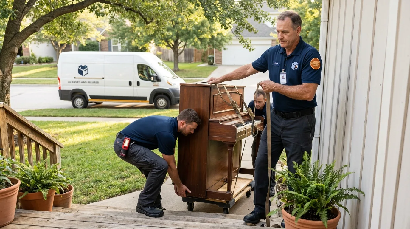 Licensed piano movers securing grand piano in Old Forge, PA
