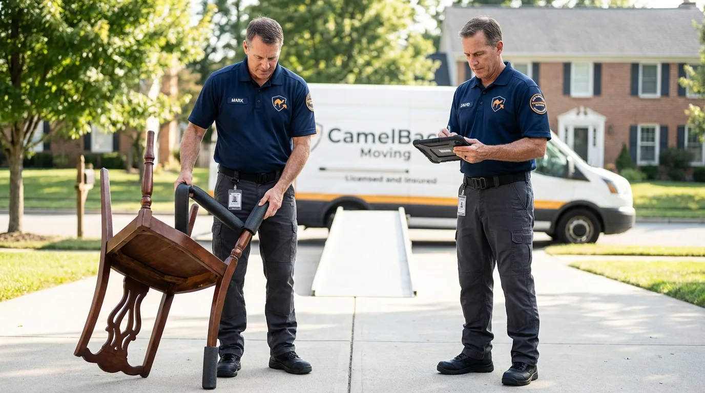 Movers inspecting furniture for damage prevention before loading in Old Forge, PA